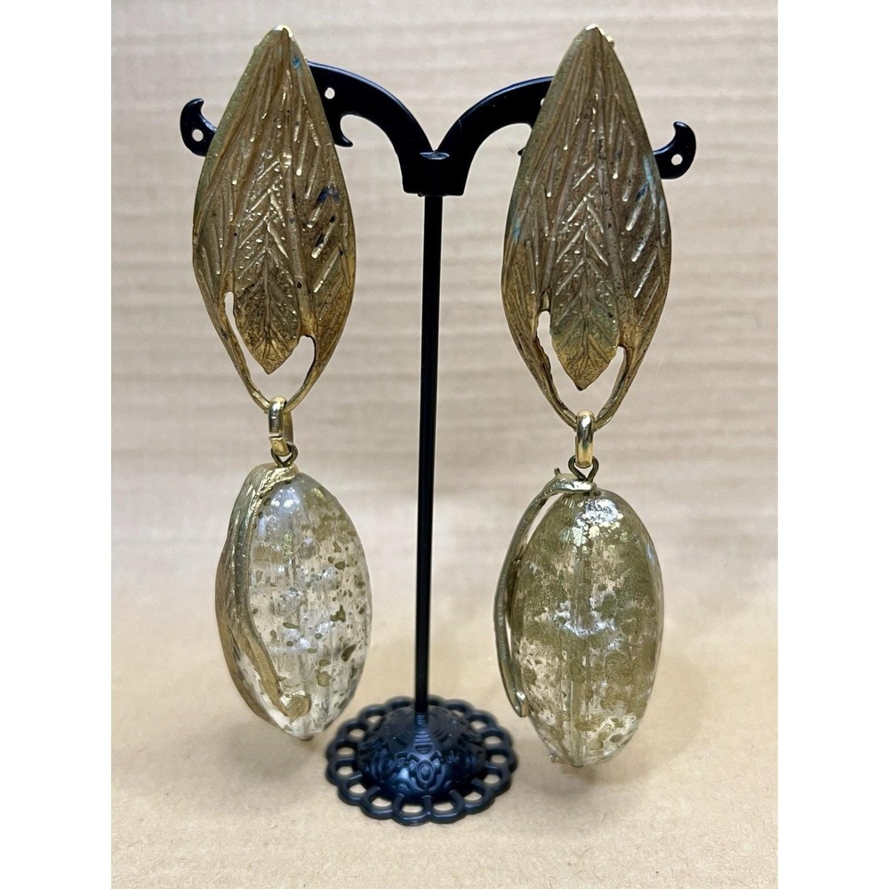 1980s Large Runway Gold Leaf Sculptural Earrings Italy Statement